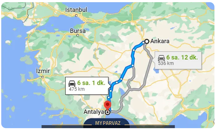 Road distance between Ankara and Antalya